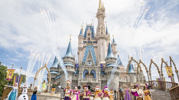 Magic Kingdom with characters in front