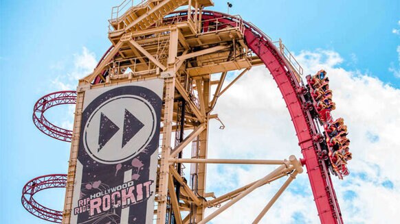 The large drop of Universal's Hollywood Rip Ride Rockit rollercoaster at Universal Studios Florida