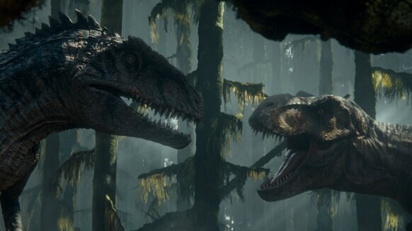 (from left) A Giganotosaurus and T. Rex in Jurassic World Dominion.