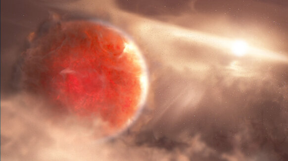 Artwork depicting the protoplanet AB Aurigae b forming in a swirling disk of material.