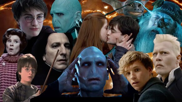 A collage of images from each movie from the Harry Potter and Fantastic Beasts series.