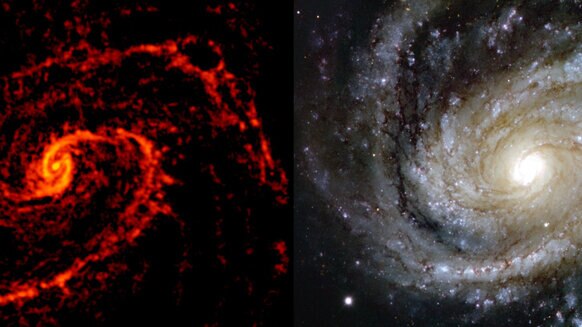The nearby spiral galaxy M 100 observed by ALMA (left) reveals the locations of star-forming nebulae; compare that to an image taken using the Very Large Telescope (right) in optical light
