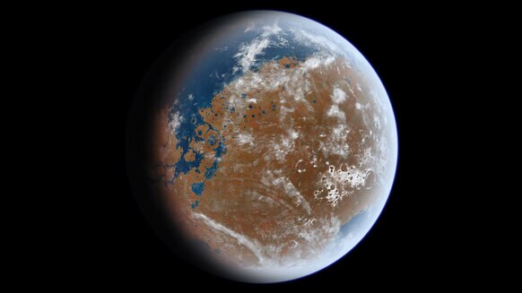 Billions of years ago, Mars had surface water: lakes, rivers, and oceans. This artwork uses actual topographical data to map where that water would have been. Credit: lttiz / wikipedia