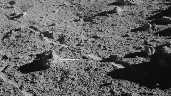 Rock 14321 (arrowed) as it was found on the lunar surface by Alan Shepard during the Apollo 14 mission. Credit: NASA