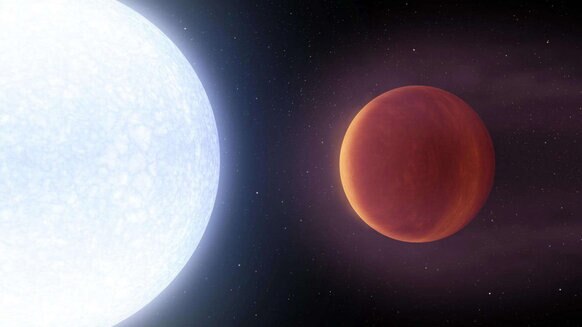 Artwork of a gas giant planet orbiting very close to a star more massive and hotter than the Sun. The planet is losing its atmosphere due to the intense influx of light and heat from the star. Credit: NASA/JPL-Caltech