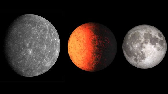 Worlds compared: Mercury (left), Kepler-37b (middle), and our Moon to about the same scale. At this scale, the Earth would fill the picture; it’s wider than all three of these worlds combined.