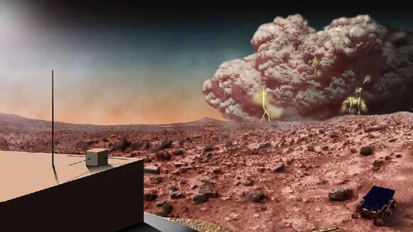 Artwork of a Martian dust storm approaching a rover, with small lightning bolts created from electric charge built up as dust grains rub against each other. Credit: NASA
