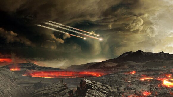 Artwork depicting meteors falling on the early Earth. Did they carry the building blocks for life on them? Many certainly did. Credit: NASA's Goddard Space Flight Center Conceptual Image Lab