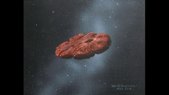 Artwork depicting the interstellar object ‘Oumuamua, which may be a flattened pancake of nitrogen ice. Credit: William Hartmann 