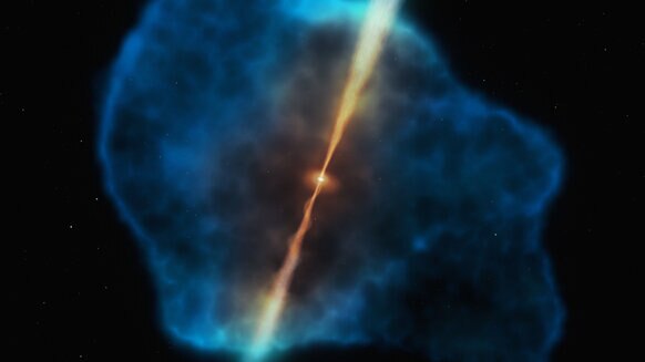In this piece of art, an active galaxy called a quasar blasts out energy and matter in two jets which blow matter away from it. However, it’s also surrounded by a huge halo of gas (blue) that can fall toward the center.
