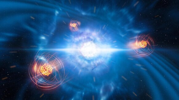 Artwork depicting strontium atoms flying away from the explosive merger of two neutron stars. Credit: ESO/L. Calçada/M. Kornmesser