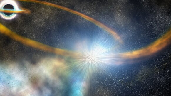 Artwork showing a star (center) getting torn apart by a black hole (upper left). Credit: Robin Dienel, courtesy of the Carnegie Institution for Science