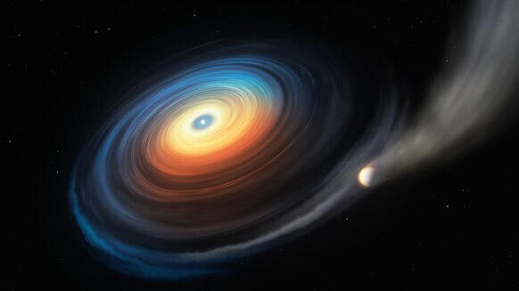 Artwork depicting a white dwarf evaporating a close-orbiting giant planet, with some of that material forming a disk around the dead star. Credit: ESO/M. Kornmesser