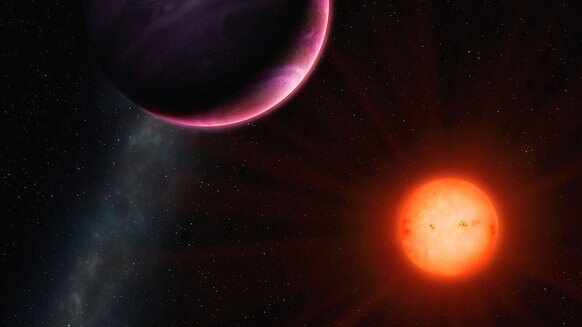 Artwork depicting a hot exoplanet orbiting a red dwarf star. Credit: University of Warwick/Mark Garlick
