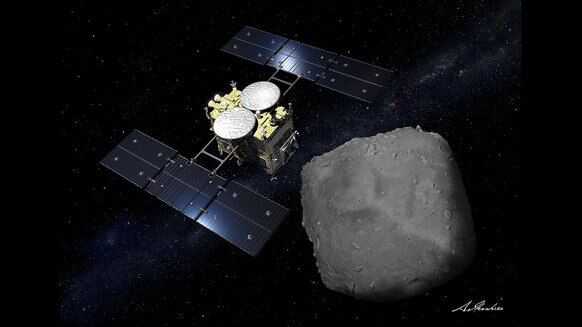 Artwork showing Hayabusa2 arriving at the tiny asteroid Ryugu. Credit: Akihiro Ikeshita