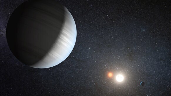 Artwork depicting two of the three planets known to be orbiting the binary star Kepler-47. Credit: NASA Ames/JPL-Caltech/T. Pyle