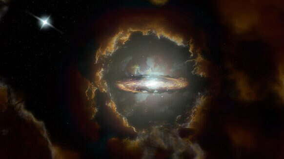 Artwork depicting the Wolfe Galaxy, a massive disk galaxy similar to the Milky Way that was already well formed when the Universe was 1.5 billion years old. Credit: NRAO/AUI/NSF, S. Dagnello