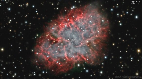 One frame from the ten-year animation of the Crab Nebula showing its expansion. Credit: Detlef Hartmann