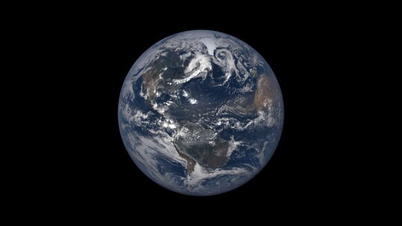The Earth as seen by the climate satellite DSCOVR on July 6, 2018 at 16:21 UTC — very close to aphelion. Credit: NASA EPIC team