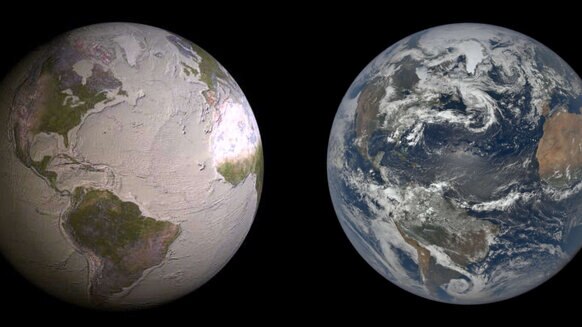 Artwork depicting Earth without water (left) versus the actual planet observed from space (right). Credit: David Gallo/WHOI and NASA/NOAO