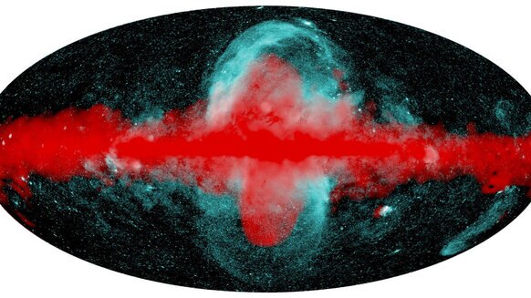 An all-sky map showing the X-ray bubbles seen by eROSITA (teal) and in gamma rays by Fermi (red). The X-ray bubbles are larger and appear to fully enclose the gamma-ray bubbles. Credit: MPE/IKI courtesy eROSITA PI Andrea Merloni 
