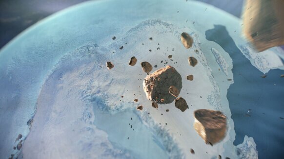 Incoming! Somewhat fanciful artwork depicting the asteroid responsible for the Hiawatha impact crater asteroid breaking up high above the Earth before slamming into Greenland. Credit: Natural History Museum of Denmark, Cryospheric Sciences Lab, NASA/GSFC