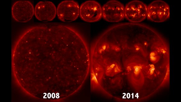 An X-ray sequence showing the Sun from 2008 through 2014, taken by the Hinode spacecraft. Solar magnetic activity peaked in 2014, but solar storms are still common after the peak. Credit: JAXA/NASA/CfA