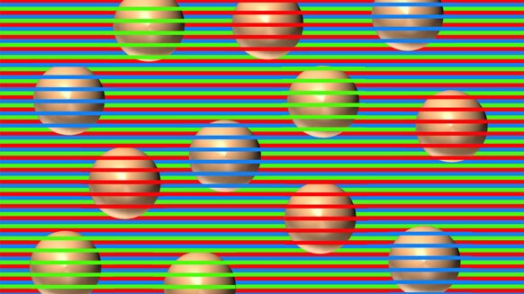 A color contrast optical illusion makes it look like the balls are different colors. In reality they are all the same color and shading. Credit: David Novick, used with permission