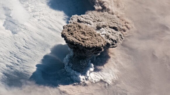 An internation Space Station astronaut-eye-view of the eruption of the Raikoke volcano on June 22, 2019. Credit: NASA