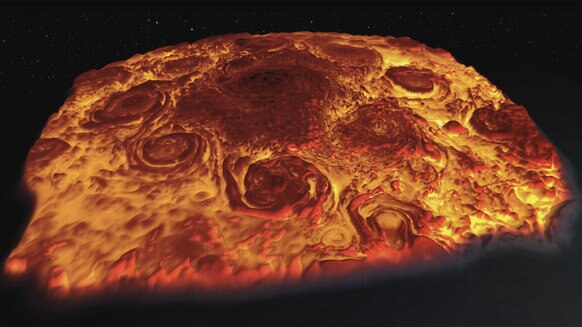 Jupiter’s north pole looks like a thick cheesy pizza in this 3D rendering of the clouds using a thermal infrared mapper on the Juno spacecraft (deeper air is warmer and glows more brightly than cooler air higher up).