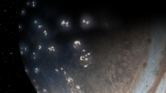 Artwork depicting vast numbers of lightning bolts near Jupiter’s pole. Credit: NASA/JPL-Caltech/SwRI/JunoCam