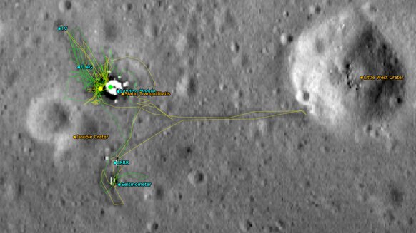 The Apollo 11 landing site imaged by LRO, with the astronaut timeline and various features marked. Credit: NASA/GSFC/Arizona State University