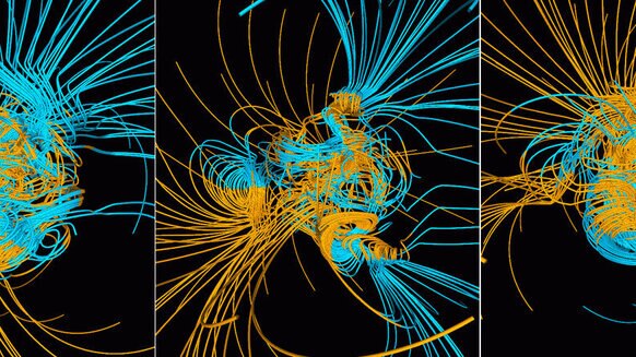 Sequence showing a physical model of magnetic reversal, where blue and yellow lines represent magnetic flux toward and away from the Earth, respectively. The field gets tangled and chaotic during a reversal before settling back down