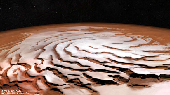 An oblique view of the Martian north polar cap using images from Mars Express combined with laser altimeter data to artificially change the perspective. The spiral trough pattern is obvious. Credit: ESA/DLR/FU Berlin, NASA MGS MOLA Science Team