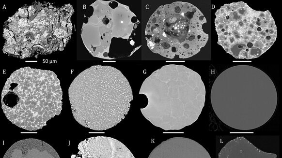 Cross-sections of various micrometeorites show different grain and mineral structures. Credit: Wikipedia / S. Taylor / Shaw Street