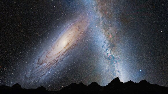 Illustration of a cosmic train wreck: The Milky Way/Andromeda galaxy collision, four billion years from now. Credit: NASA, ESA, Z. Levay and R. van der Marel (STScI), T. Hallas, and A. Mellinger