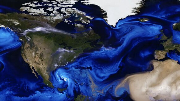 A satellite/computer map showing the movement of aerosols, particles suspended in the air, over part of the northern hemisphere. Credit: NASA's Goddard Space Flight Center