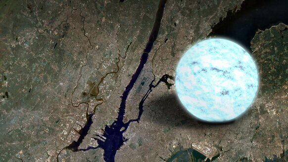 A neutron star is incredibly small and dense, packing the mass of the Sun into a ball just a few kilometers across. This artwork depicts one compared to Manhattan. Credit: NASA's Goddard Space Flight Center