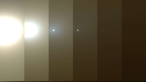 A simulated view of what the Sun looks like on an ordinary day to the Opportunity rover (left) with ever increasing dust in the air. The view on the right shows what it’s like during the current dust storm. Credit: NASA/JPL-Caltech/TAMU