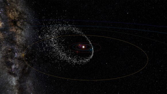 The orbit of the Quadrantid meteoroids takes them from as far as Jupiter’s orbit (orange) to Earth (blue), moving nearly perpendicular to Earth’s path around the Sun. We intersect this debris trail every January, so we get a meteor shower at that time. Cr