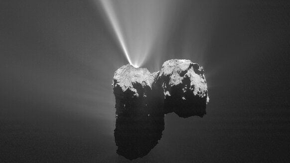 The comet 67/P Churyumov-Gerasimenko vents gas and dust into space. Credit: ESA/Rosetta/MPS for OSIRIS Team MPS/UPD/LAM/IAA/SSO/INTA/UPM/DASP/IDA