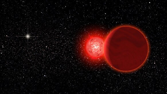 Artwork depicting the red dwarf/brown dwarf binary system called Scholz’s stars, which passed near Earth about 70,000 years ago (the Sun appears as a bright star to the left). Credit: Michael Osadciw/University of Rochester