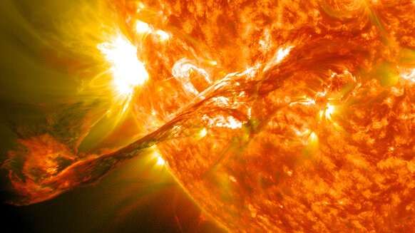 An enormous prominence on the Sun erupted in 2012, caught here by the Solar Dynamics Observatory. Credit: NASA/GSFC/SDO