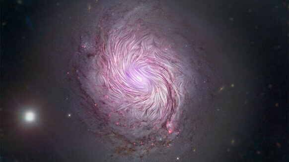 The magnetic fields lines in the galaxy NGC 1068 (swirls) as inferred from SOFAI observations superposed on an image combining observations from Hubble Space Telescope (visible light), NuSTAR (X-rays), and the Sloan Digital Sky Survey (also visible light)