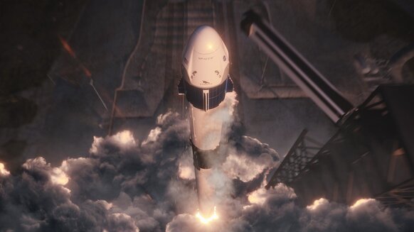 Artwork of the Crew Dragon capsule launching into space. Credit: SpaceX