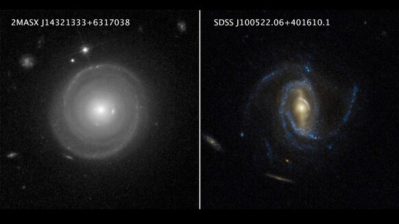 Super spirals are huge spiral galaxies far larger and more massive than the Milky Way. Credit:  NASA, ESA, P. Ogle and J. DePasquale (STScI). Bottom row: SDSS, P. Ogle and J. DePasquale (STScI)