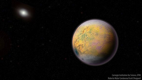 Artwork depicting Planet Nine, a theorized super-Earth orbiting the Sun several tens of billions of kilometers out. Observations of distant icy worlds imply this planet exists.