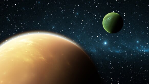 Artwork depicting a gas giant exoplanet with a gas giant exomoon.