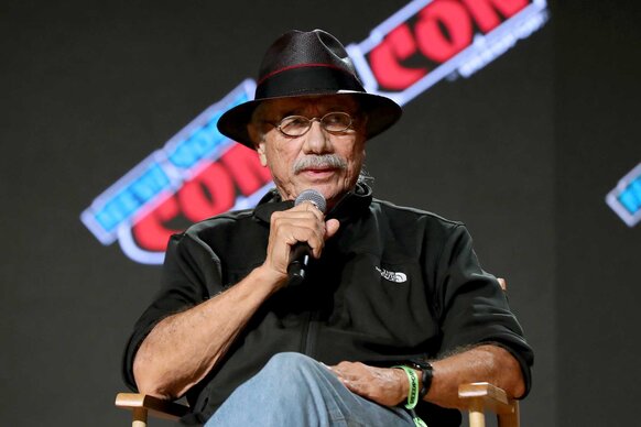 Edwards James Olmos speaks on stage during a Battlestar Galactica Retrospective panel during New York Comic Con