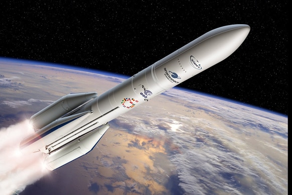 An Illustration of Ariane 6 in space using four boosters.